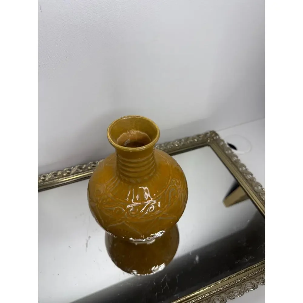 Vintage Handmade in Vietnam Mustard Yellow Vase with Incised Designs